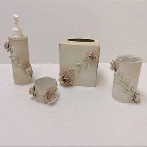 Bed, Bath & Beyond | 4-Piece Beige Metal Bathroom Accessory Set w/ Rose Accents